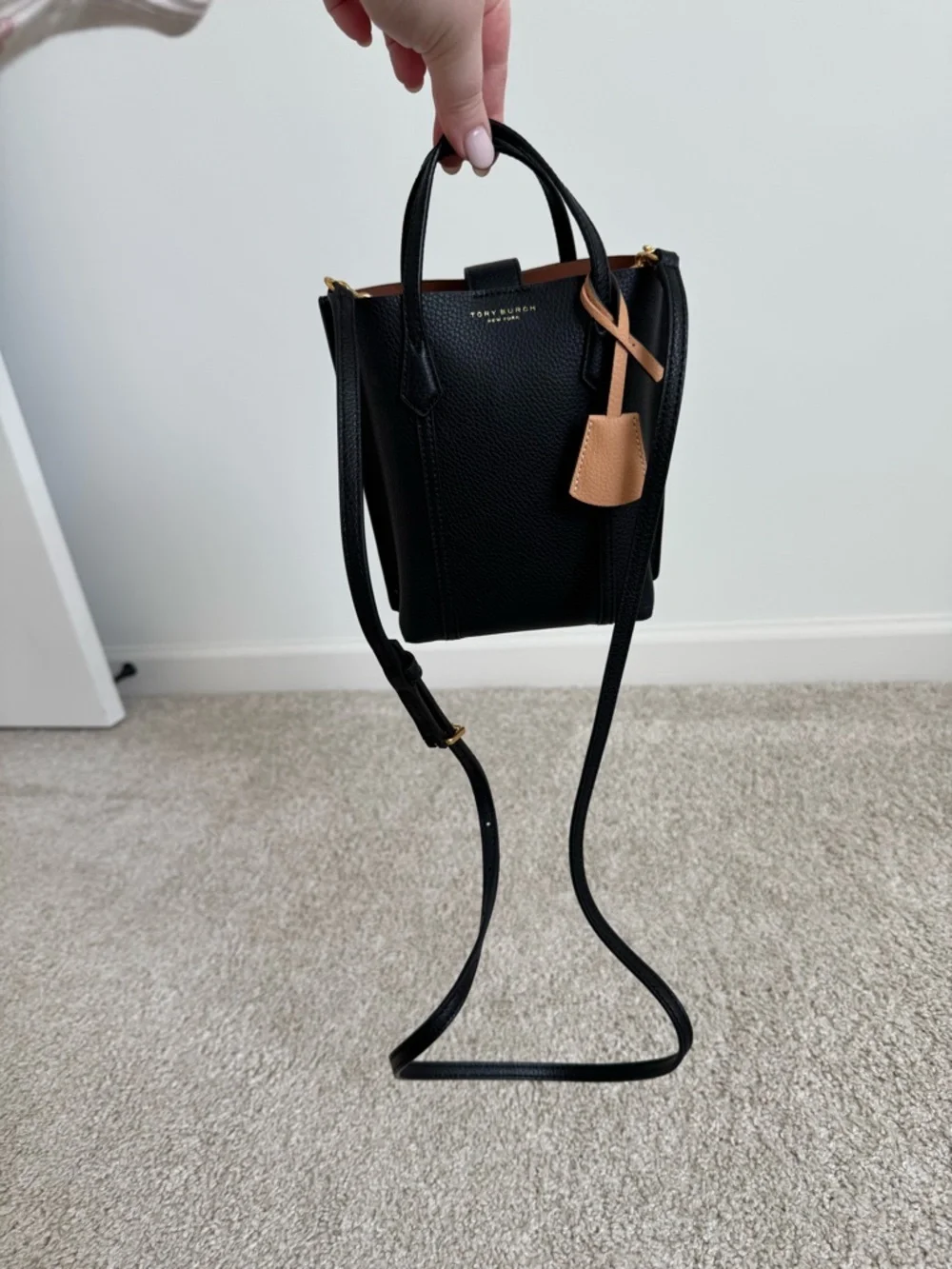 Tory Burch Perry Black Pebbled Leather Mini Crossbody with Tan Charm